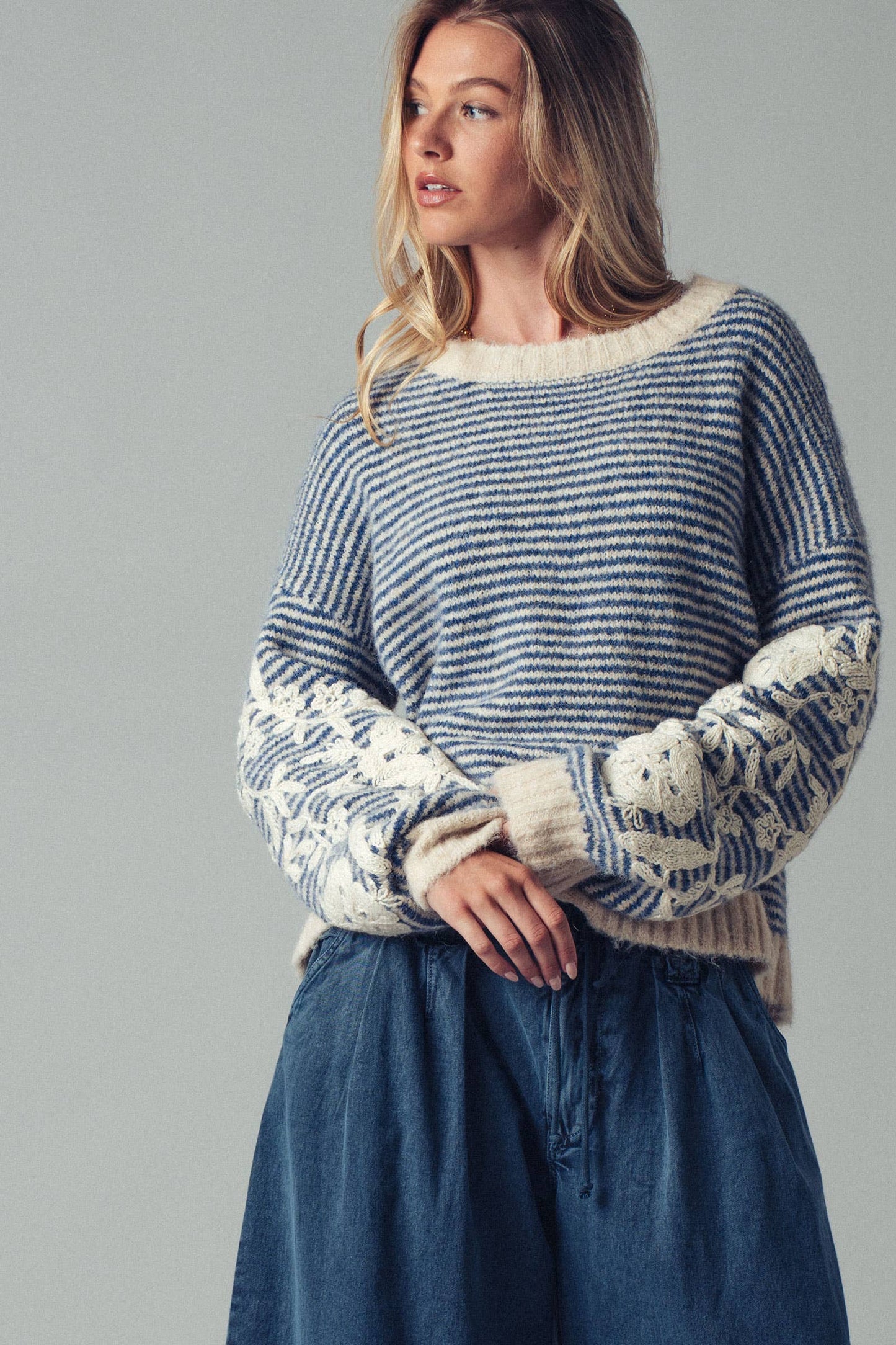Floral Embroidered Striped Knit Sweater: BLUE