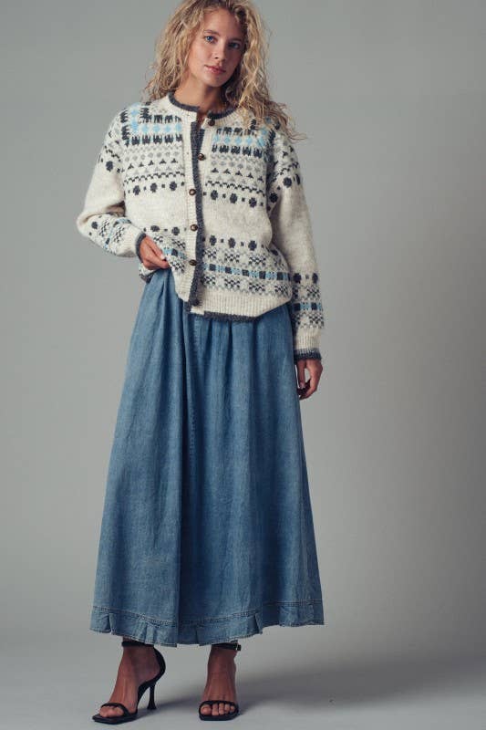 Nordic Pattern Button-Up Knit Cardigan: GREY