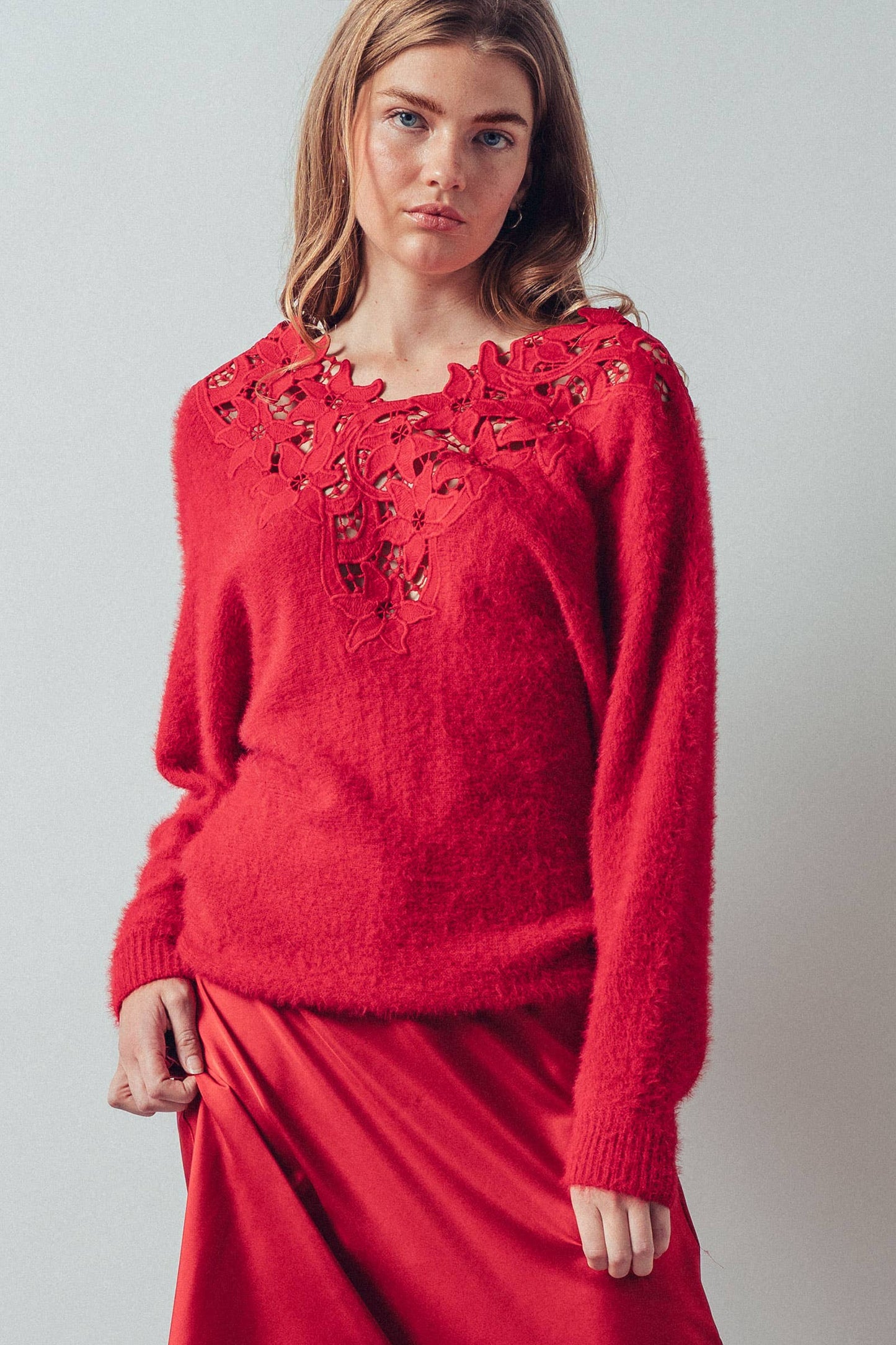 Lace Appliqué Eyelash Knit V-Neck Sweater