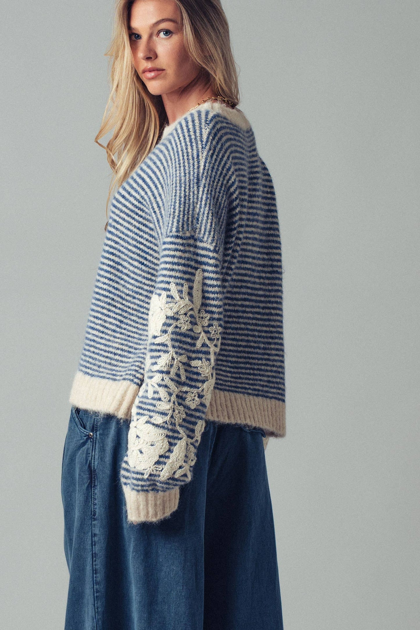 Floral Embroidered Striped Knit Sweater: BLUE