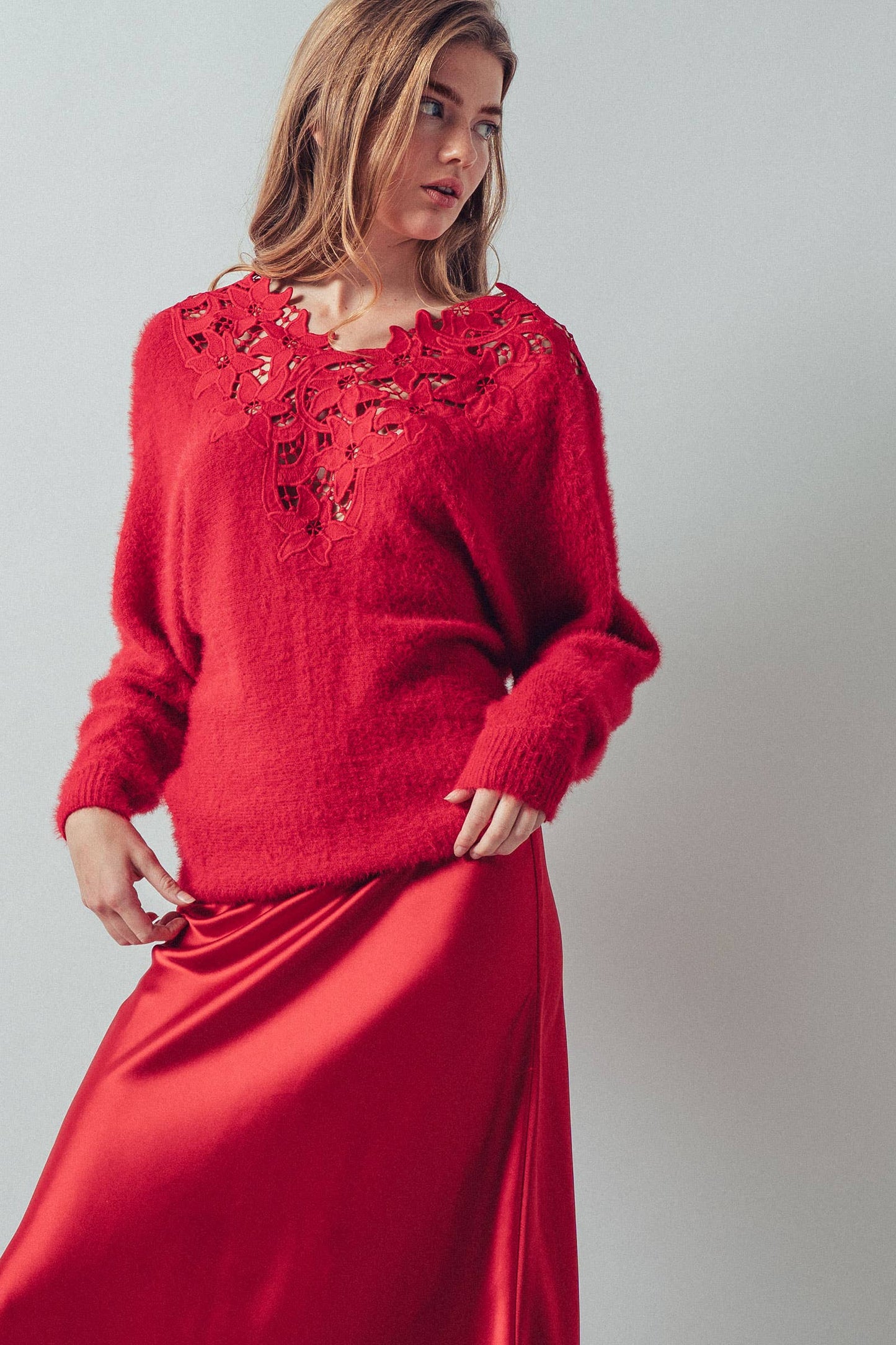 Lace Appliqué Eyelash Knit V-Neck Sweater