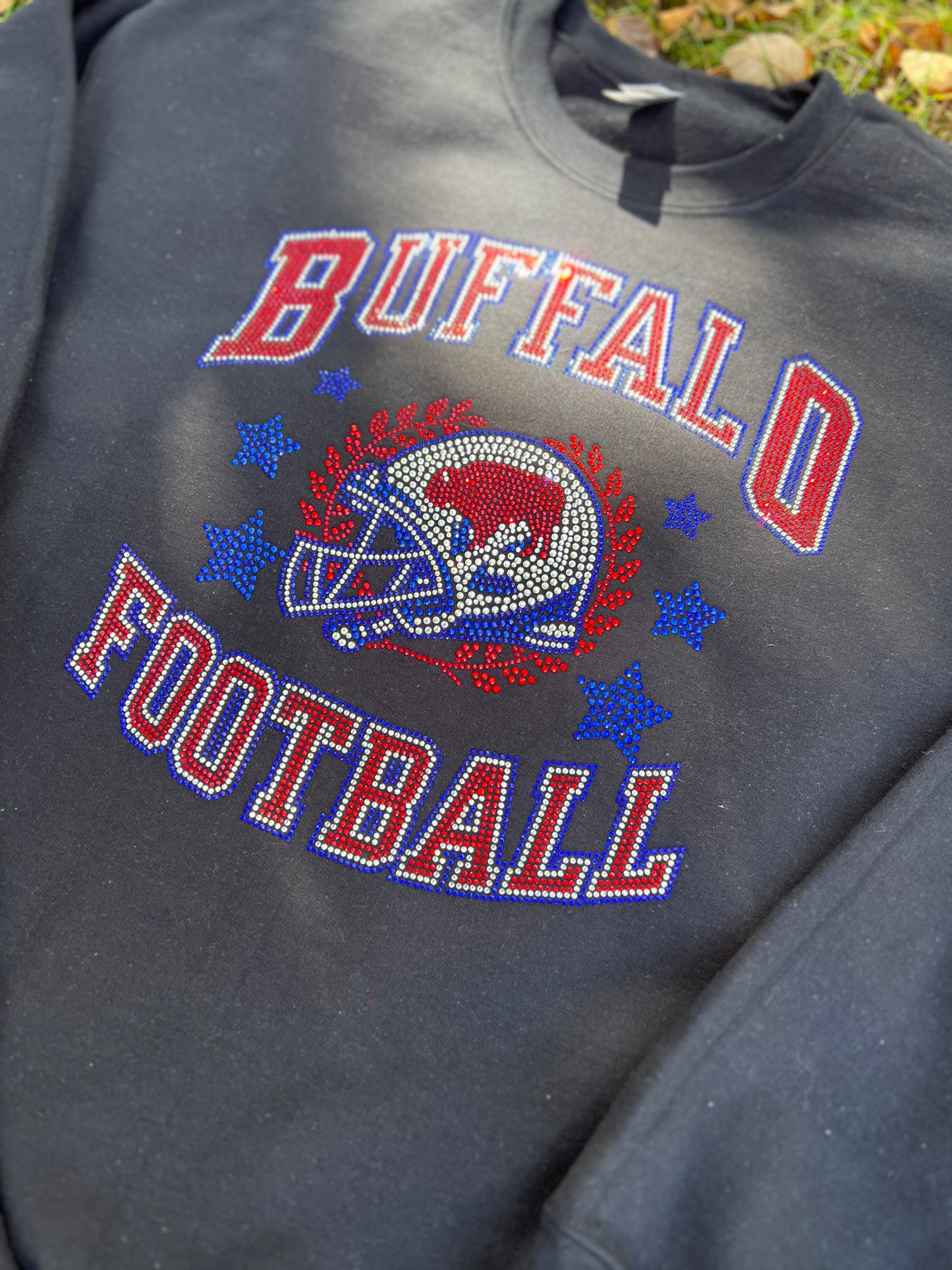 Buffalo football vintage inspired rhinestone crewneck, bling Buffalo crew