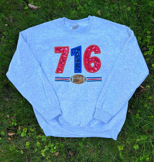 Buffalo 716 faux embroidery faux sparkle crewneck, 716 sweatshirt, Buffalo football crewneck