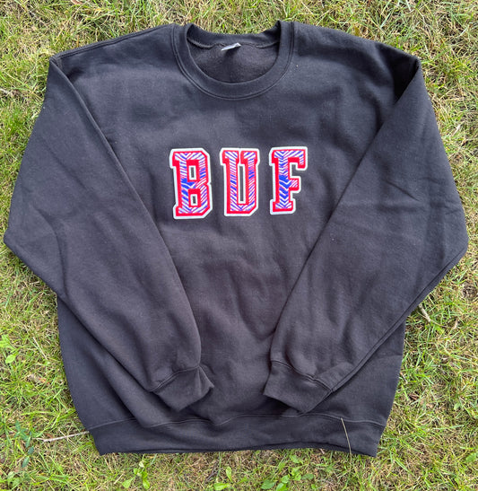 BUF embroidered patch crewneck, BUF chenille patch crewneck, BUF hoodie