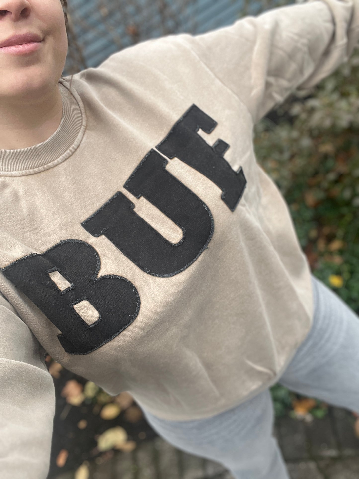 BUF oversized acid wash nude applique crewneck, BUF sweatshirt, BUF appliqué crew neutral