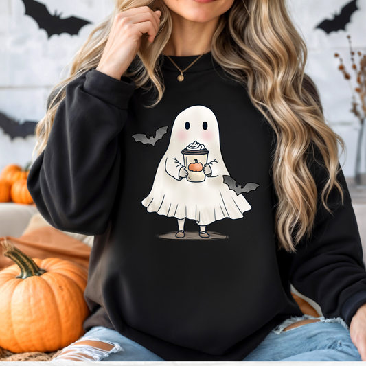 Ghost with coffee crewneck, Caffinated ghost crew, PSL ghost