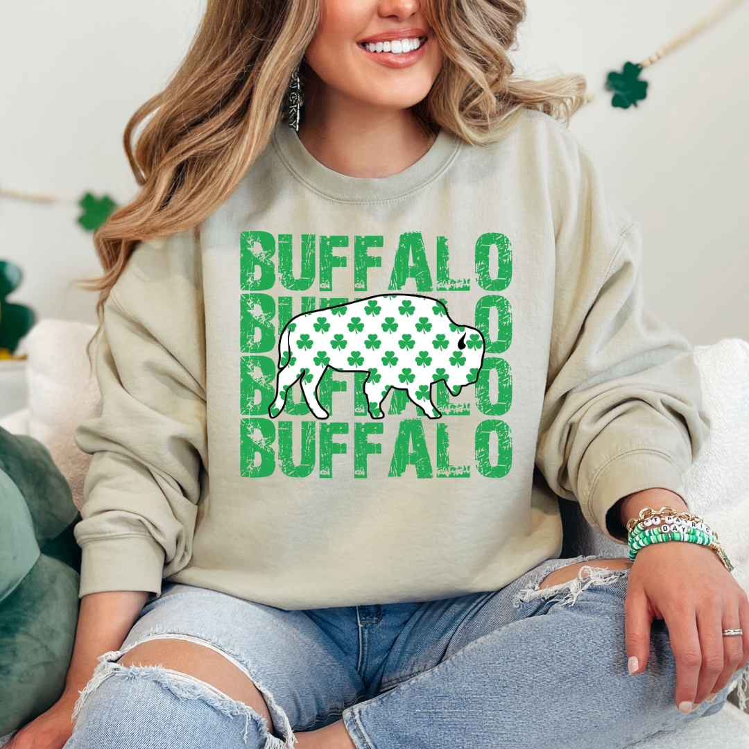Buffalo repeating distressed St. Patrick's Day Crewneck