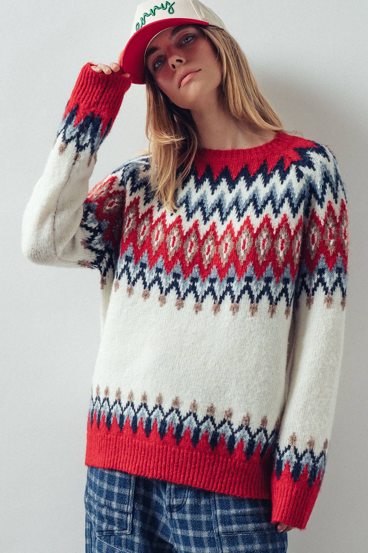 Fair Isle Wool Blend Sweater Top: RED MULTI