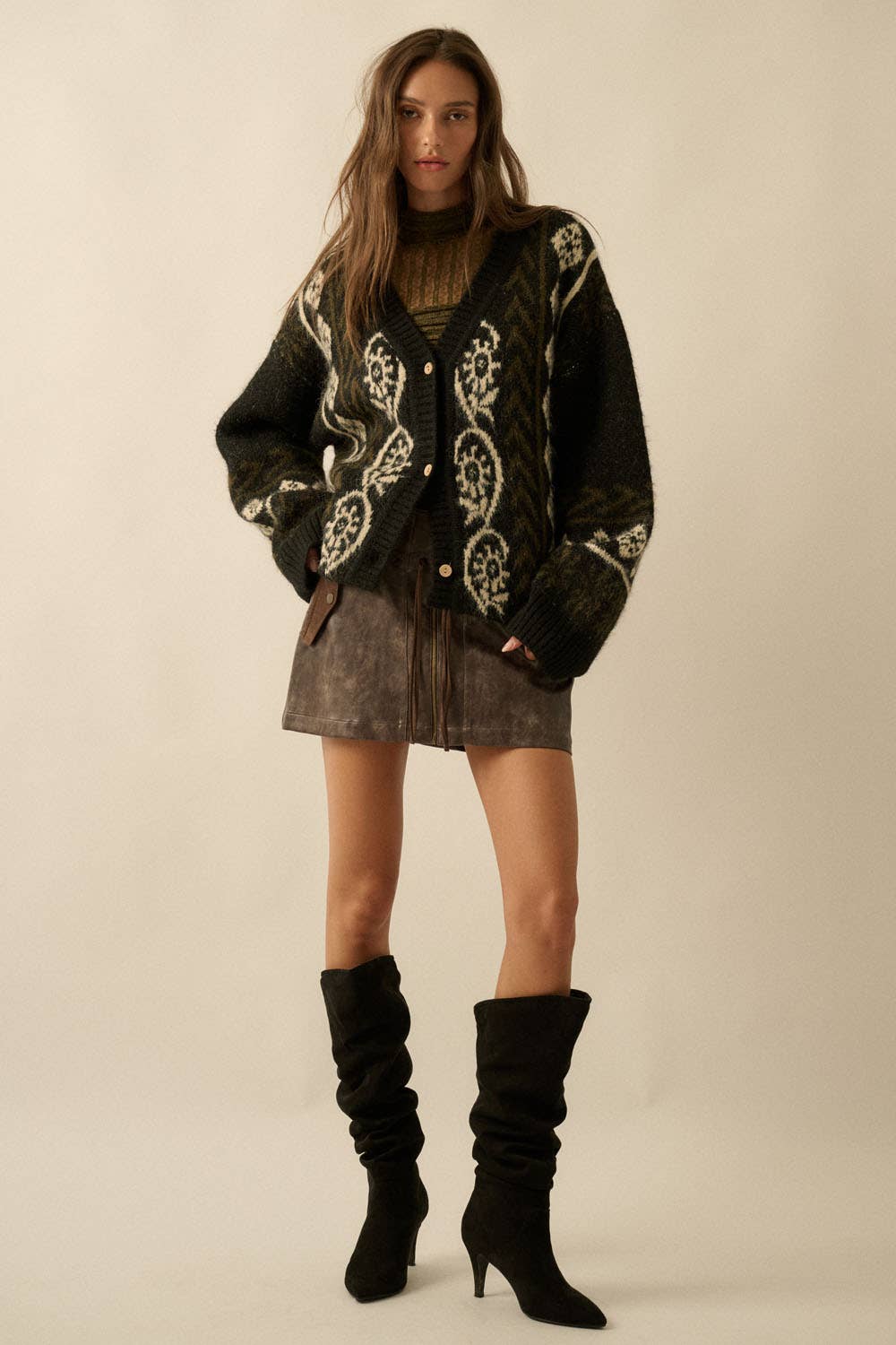 Fuzzy-Knit Patterned Jacquard Button-Up Cardigan