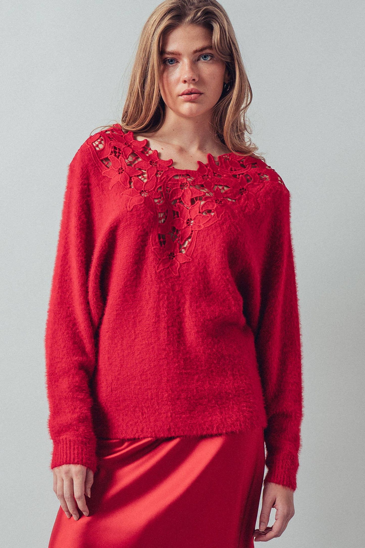 Lace Appliqué Eyelash Knit V-Neck Sweater