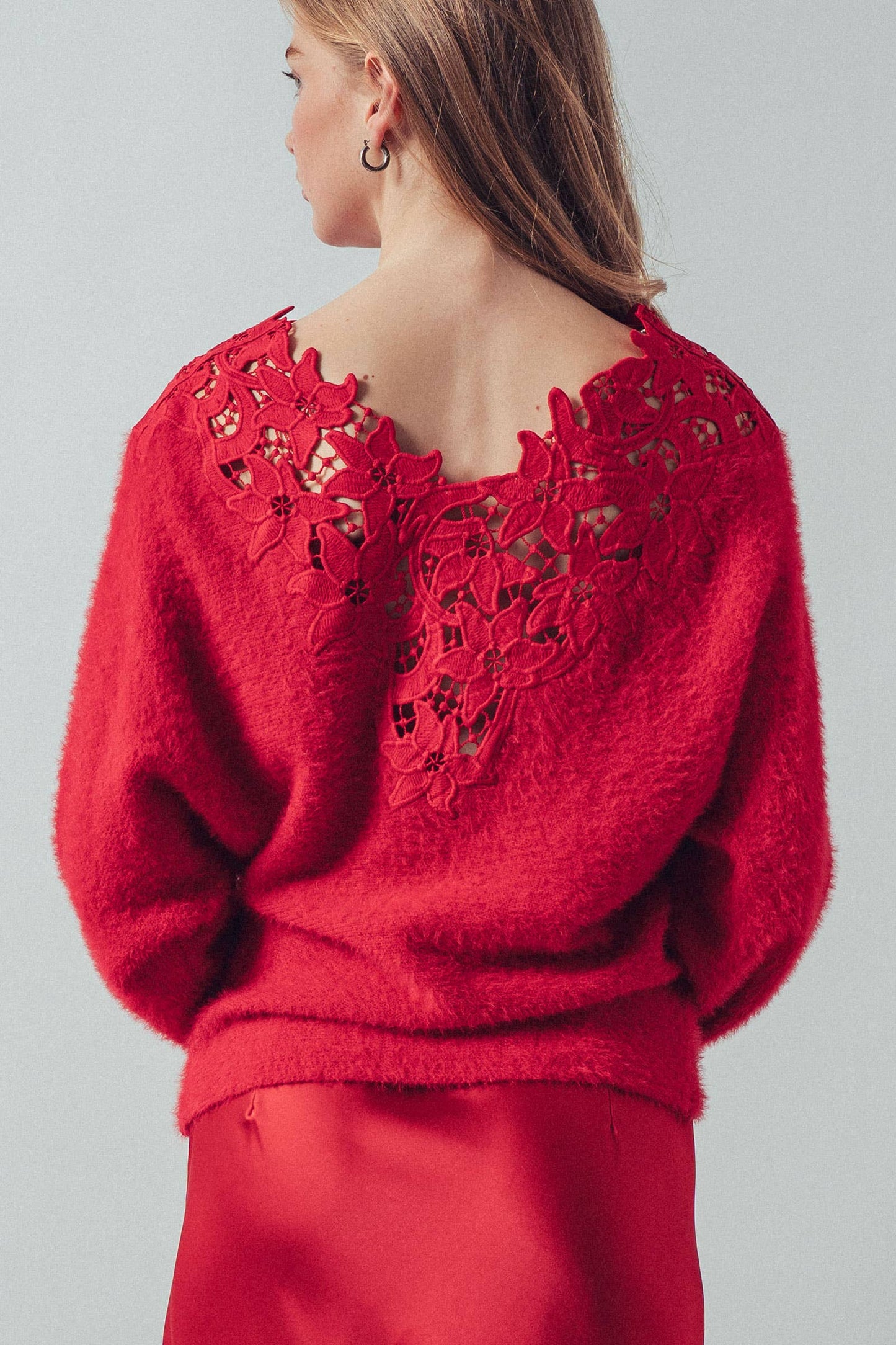 Lace Appliqué Eyelash Knit V-Neck Sweater