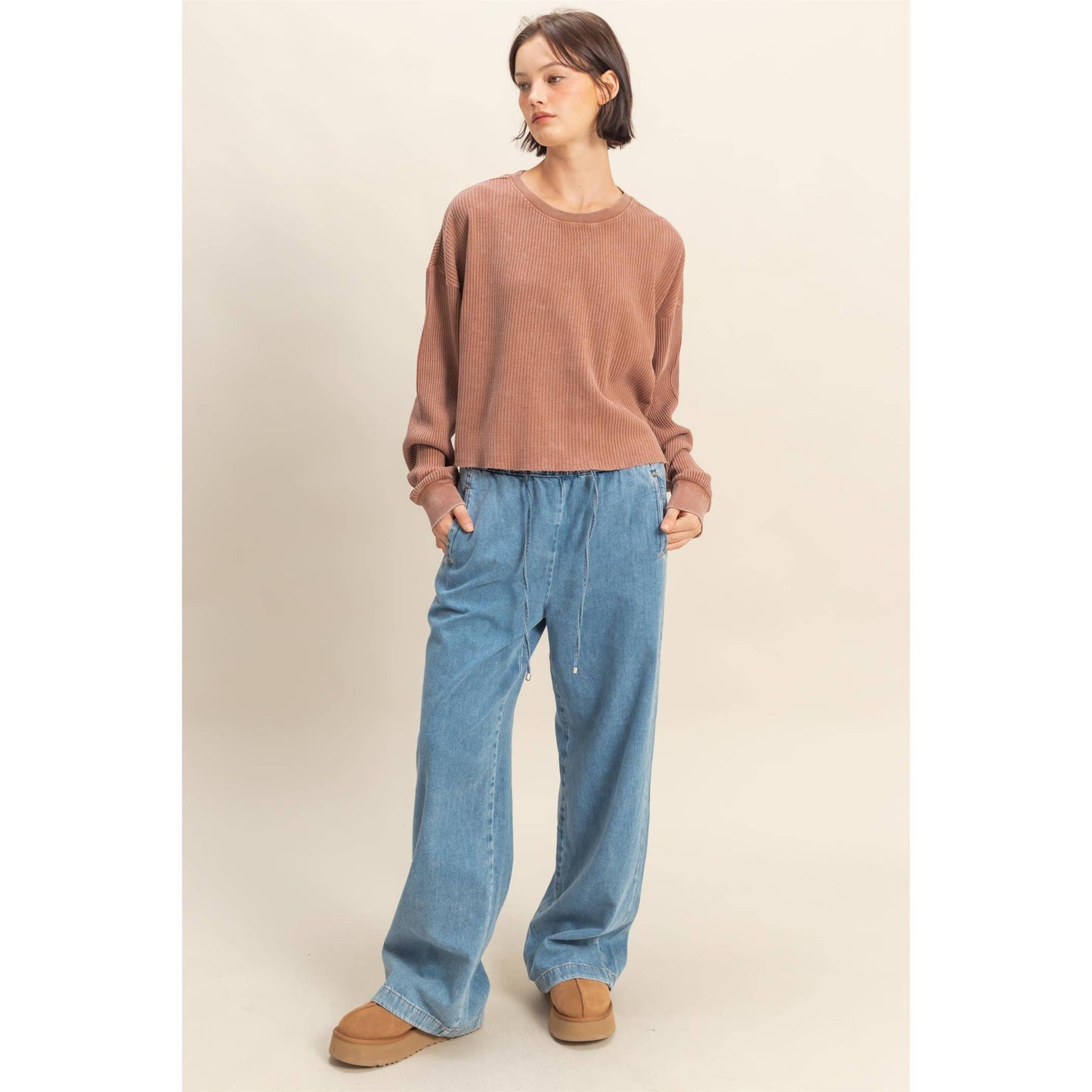 Waffle Long Sleeve Top: CHESTNUT