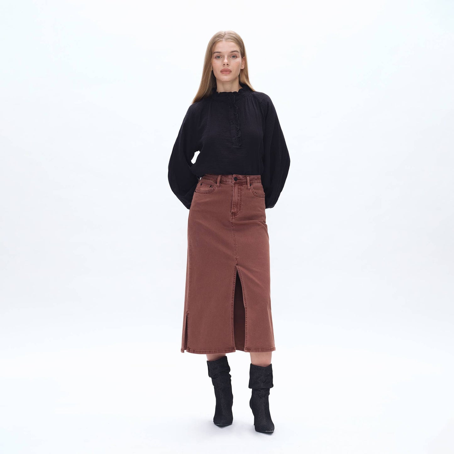 Pencil Jean Midi Skirt