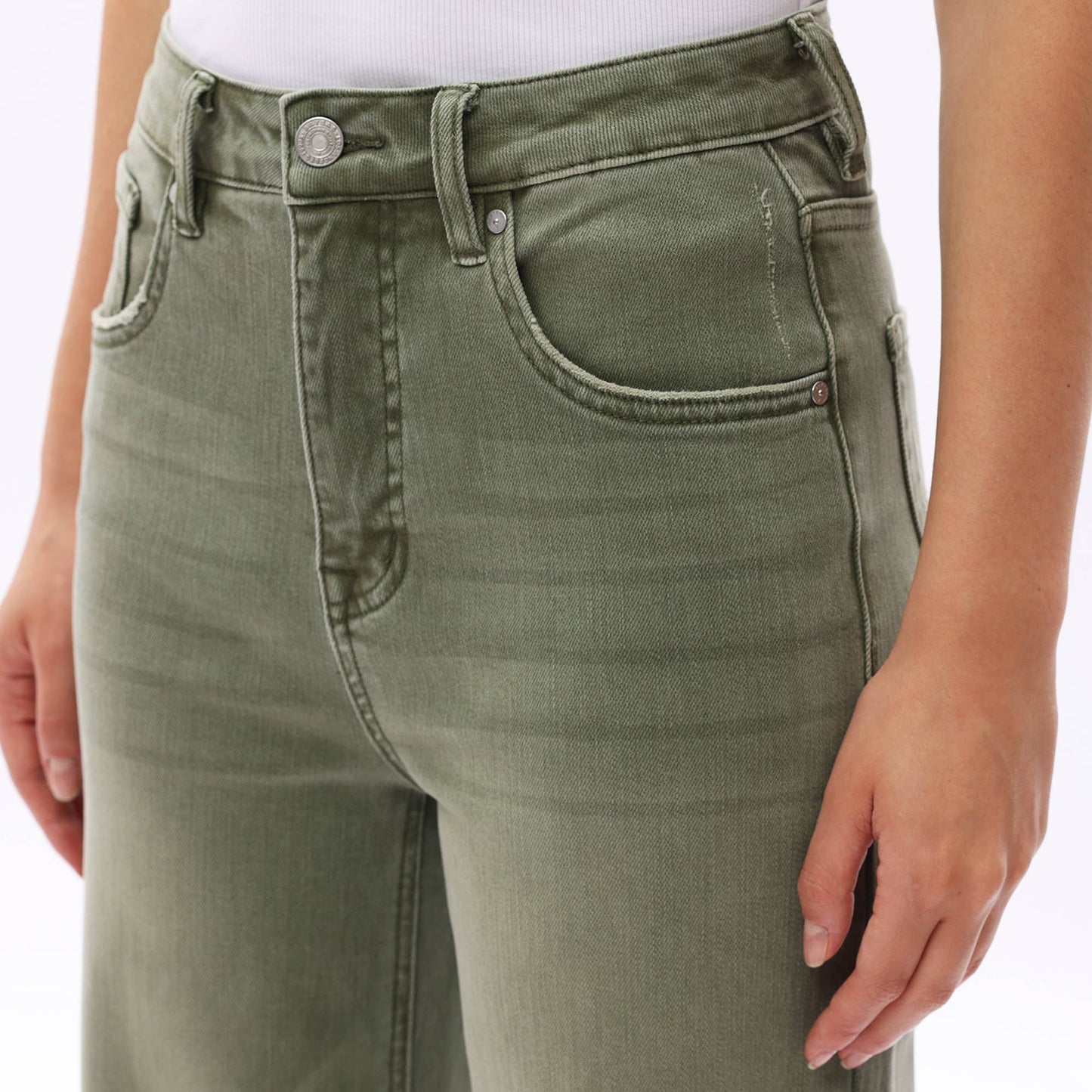 HIGH RISE WIDE LEG PANTS WITH RAW HEM : GREEN