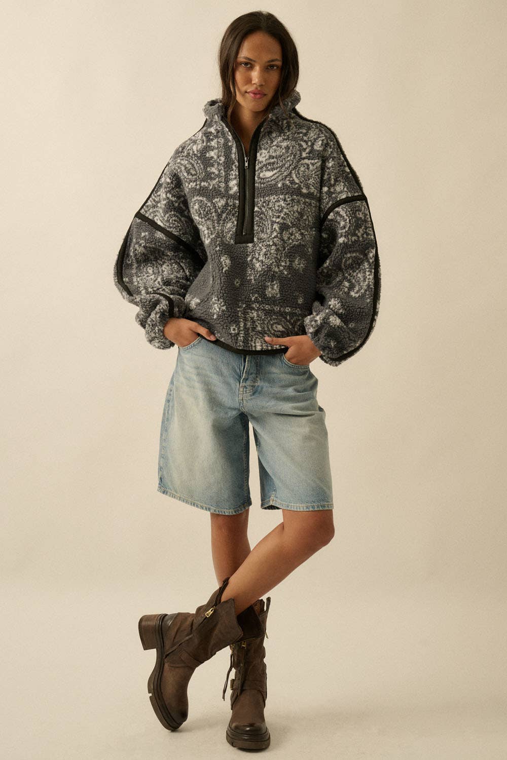 Floral Sherpa Fleece Half-Zip Pullover Jacket