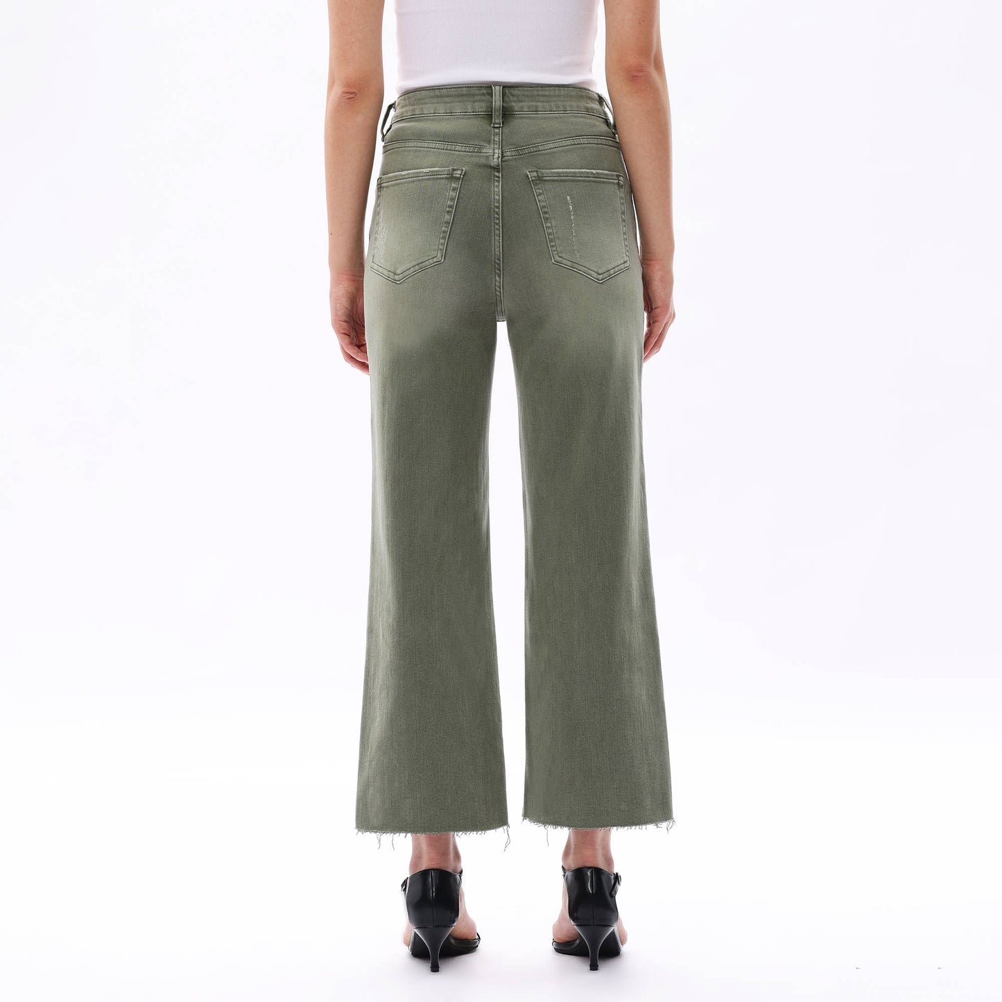 HIGH RISE WIDE LEG PANTS WITH RAW HEM : GREEN