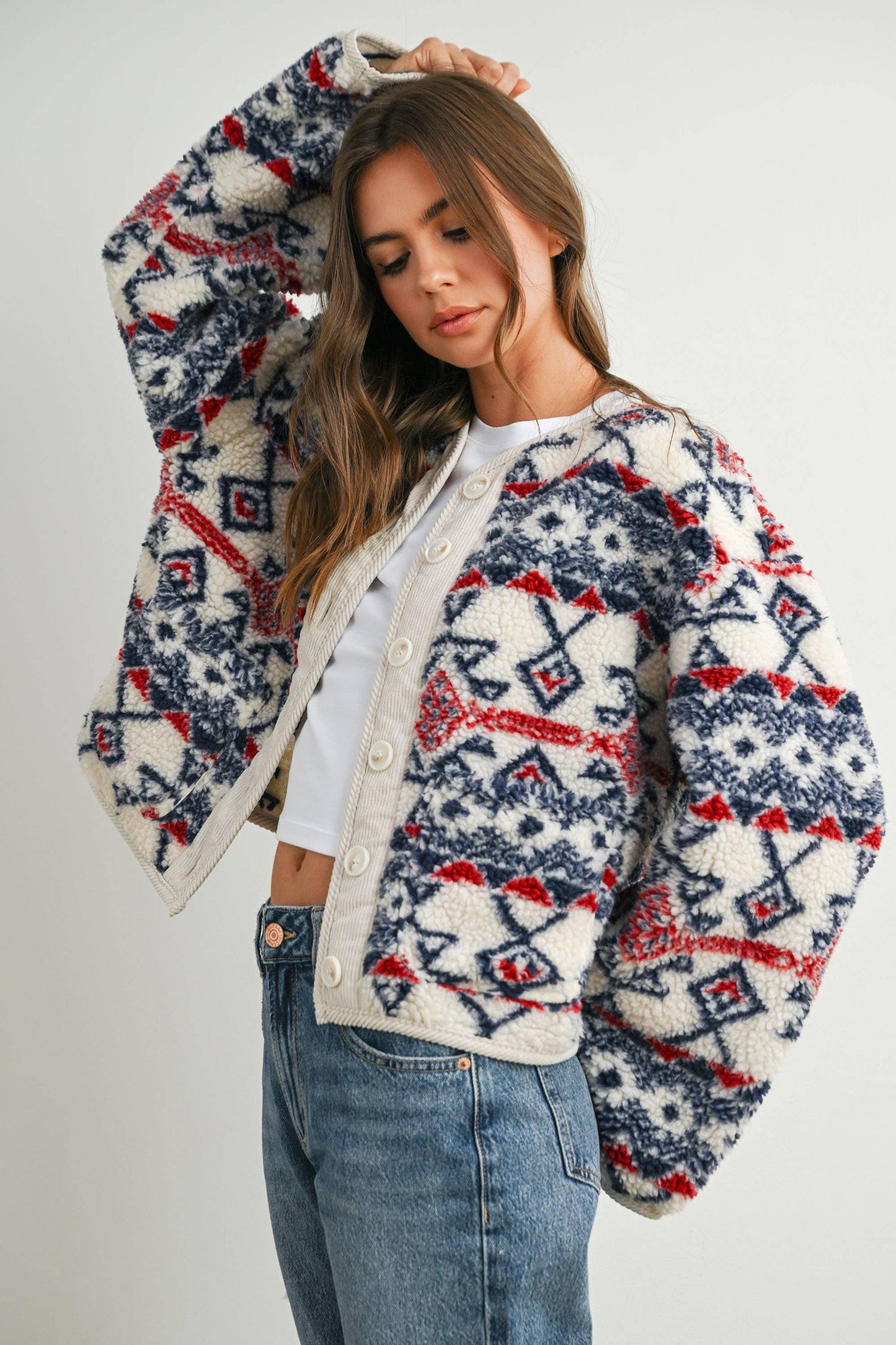 Buttoned Graphic Fleece Long Sleeve Jacket: IVORY / NAVY