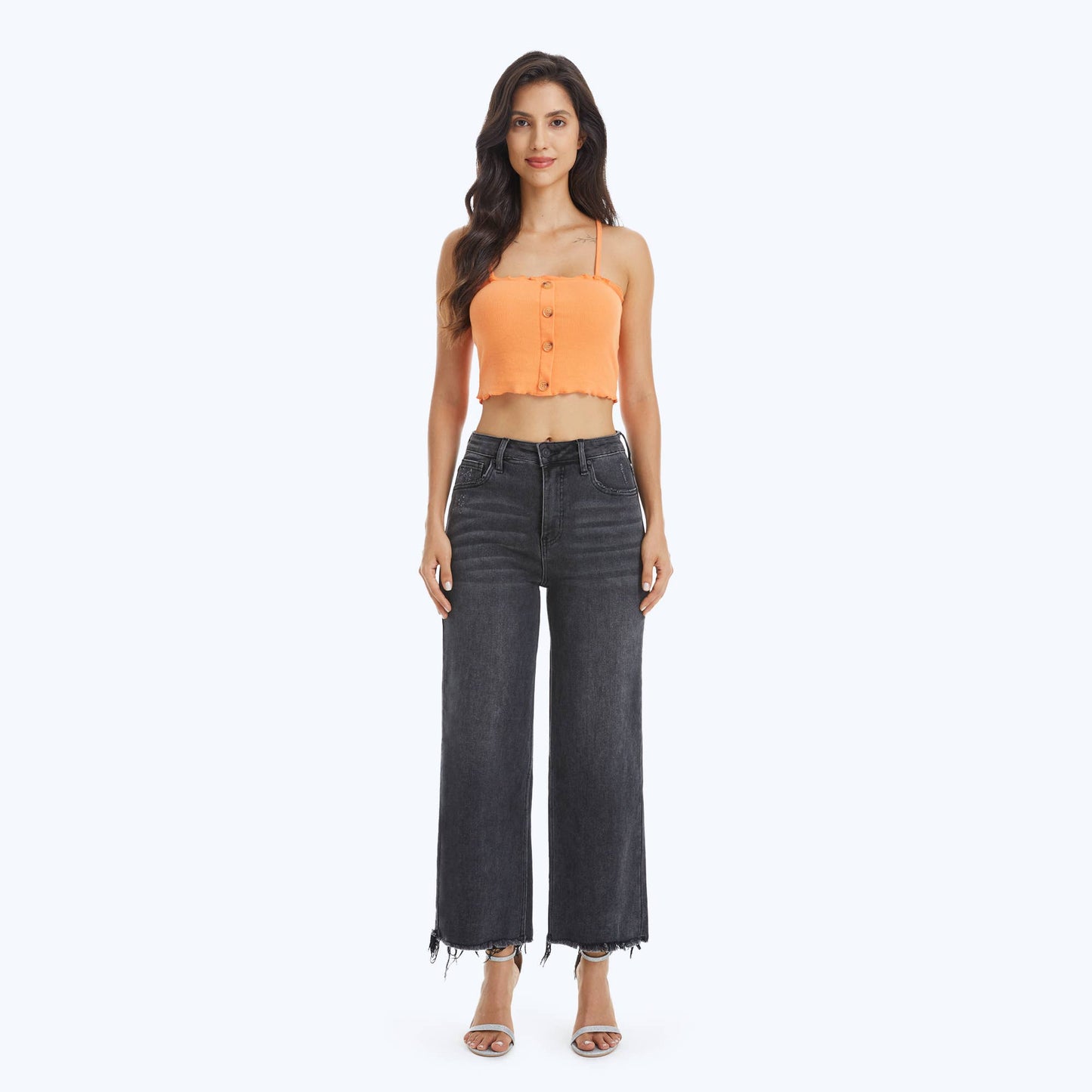 HIGH RISE WIDE LEG JEANS WITH FRAYED HEM: WASHED BLACK