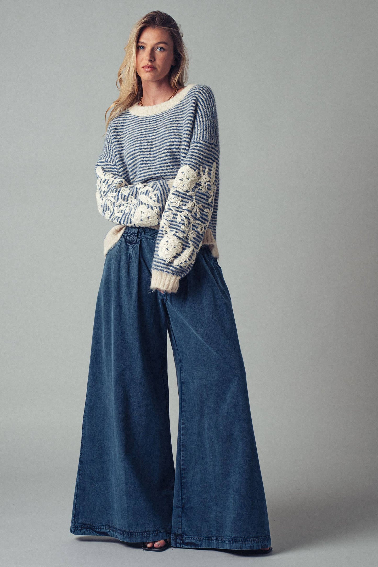 Floral Embroidered Striped Knit Sweater: BLUE
