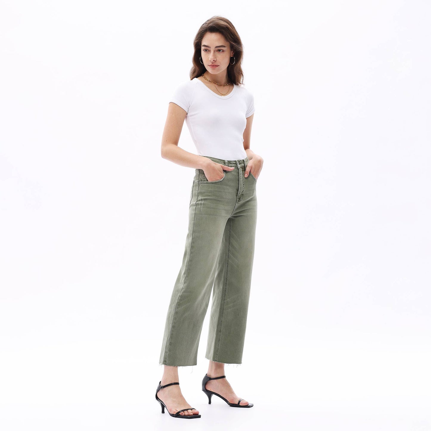 HIGH RISE WIDE LEG PANTS WITH RAW HEM : GREEN