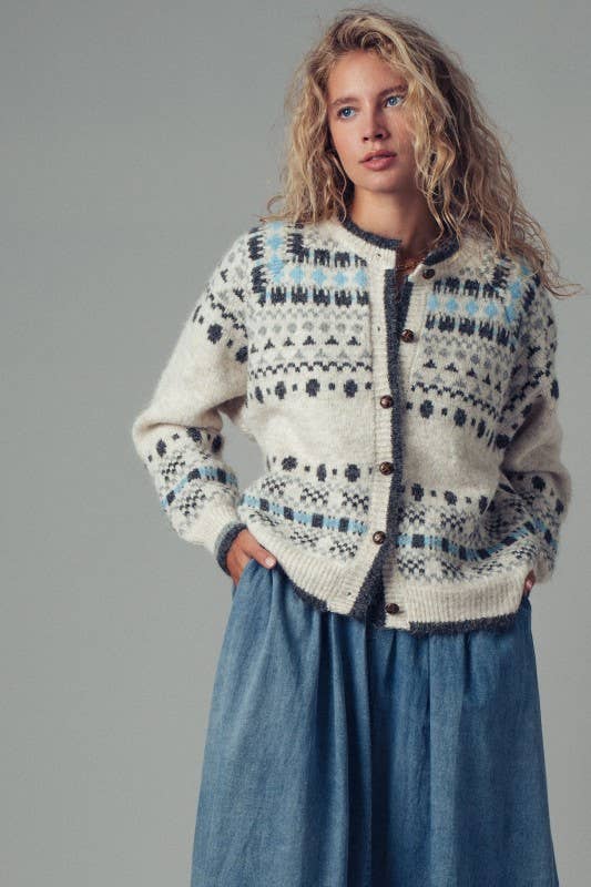 Nordic Pattern Button-Up Knit Cardigan: GREY