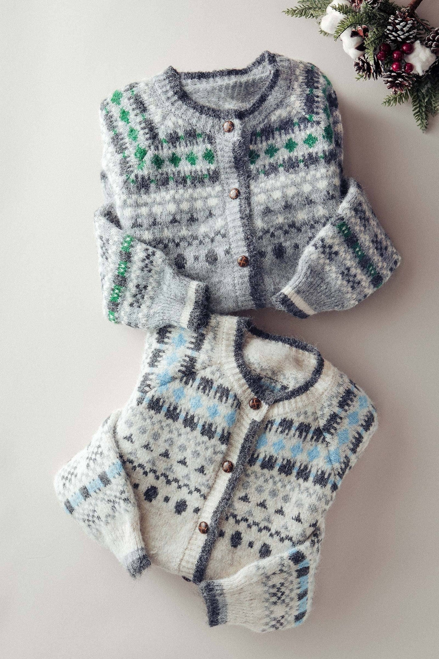 Nordic Pattern Button-Up Knit Cardigan: GREY