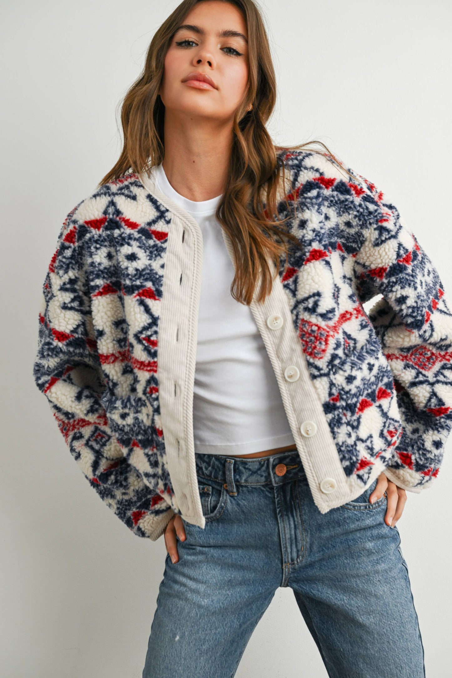 Buttoned Graphic Fleece Long Sleeve Jacket: IVORY / NAVY