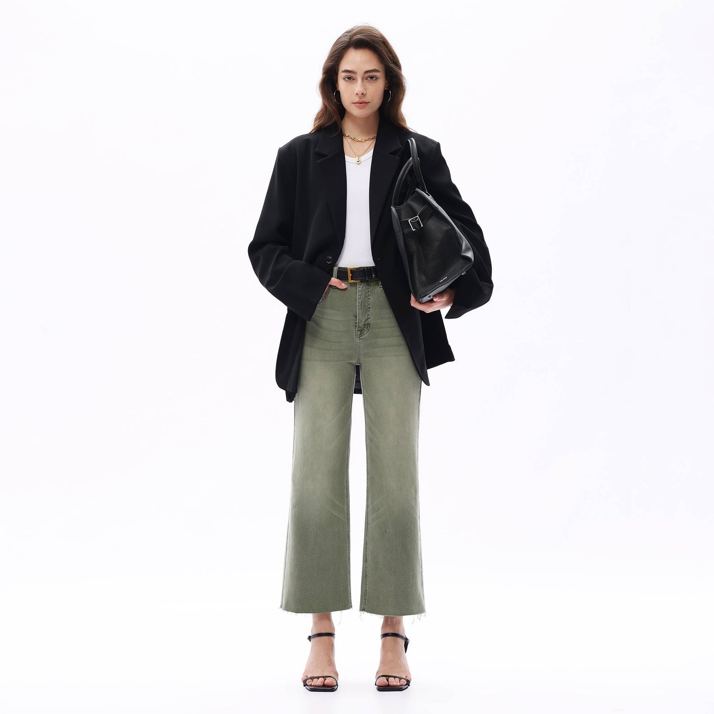 HIGH RISE WIDE LEG PANTS WITH RAW HEM : GREEN