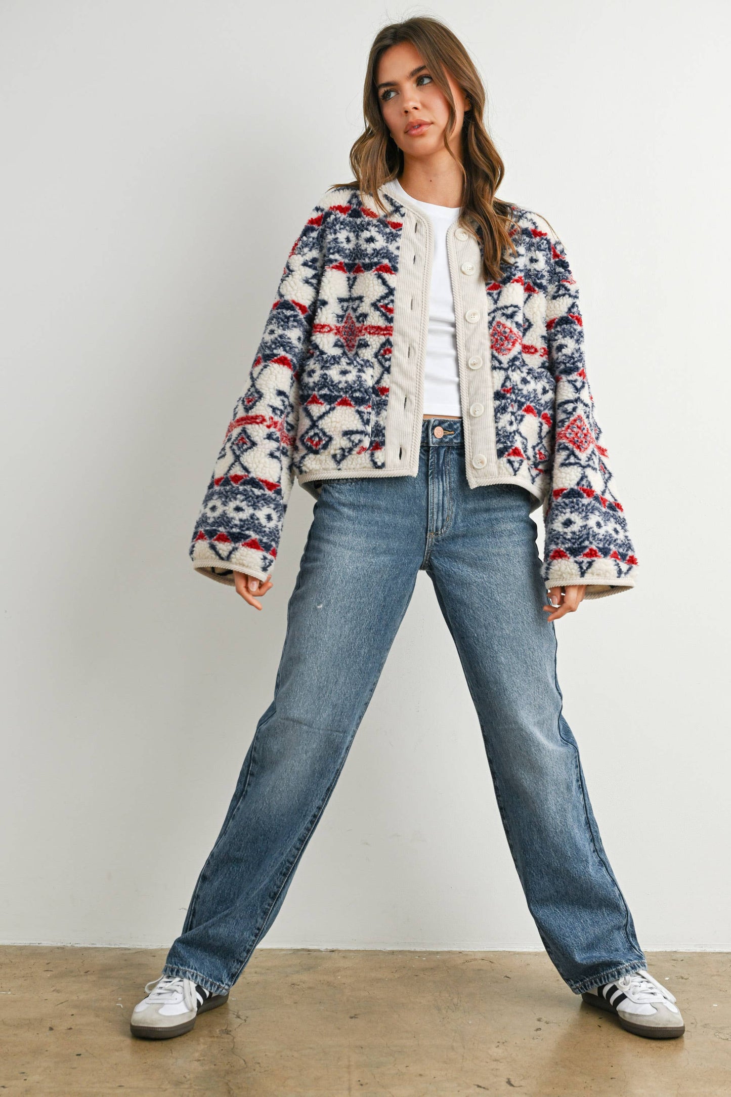 Buttoned Graphic Fleece Long Sleeve Jacket: IVORY / NAVY