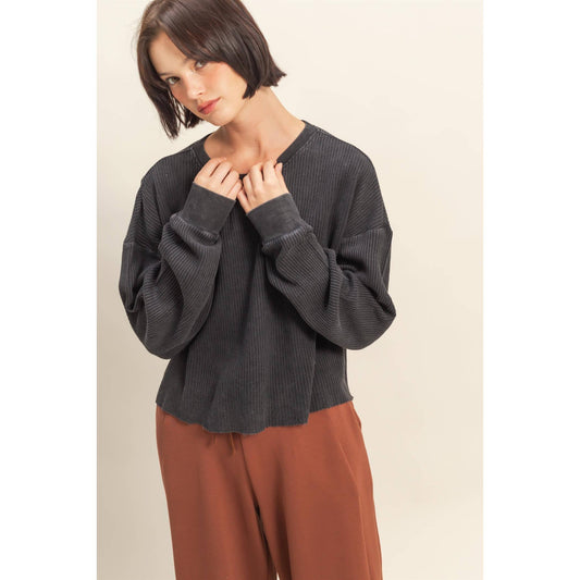 Waffle Long Sleeve Top: BLACK