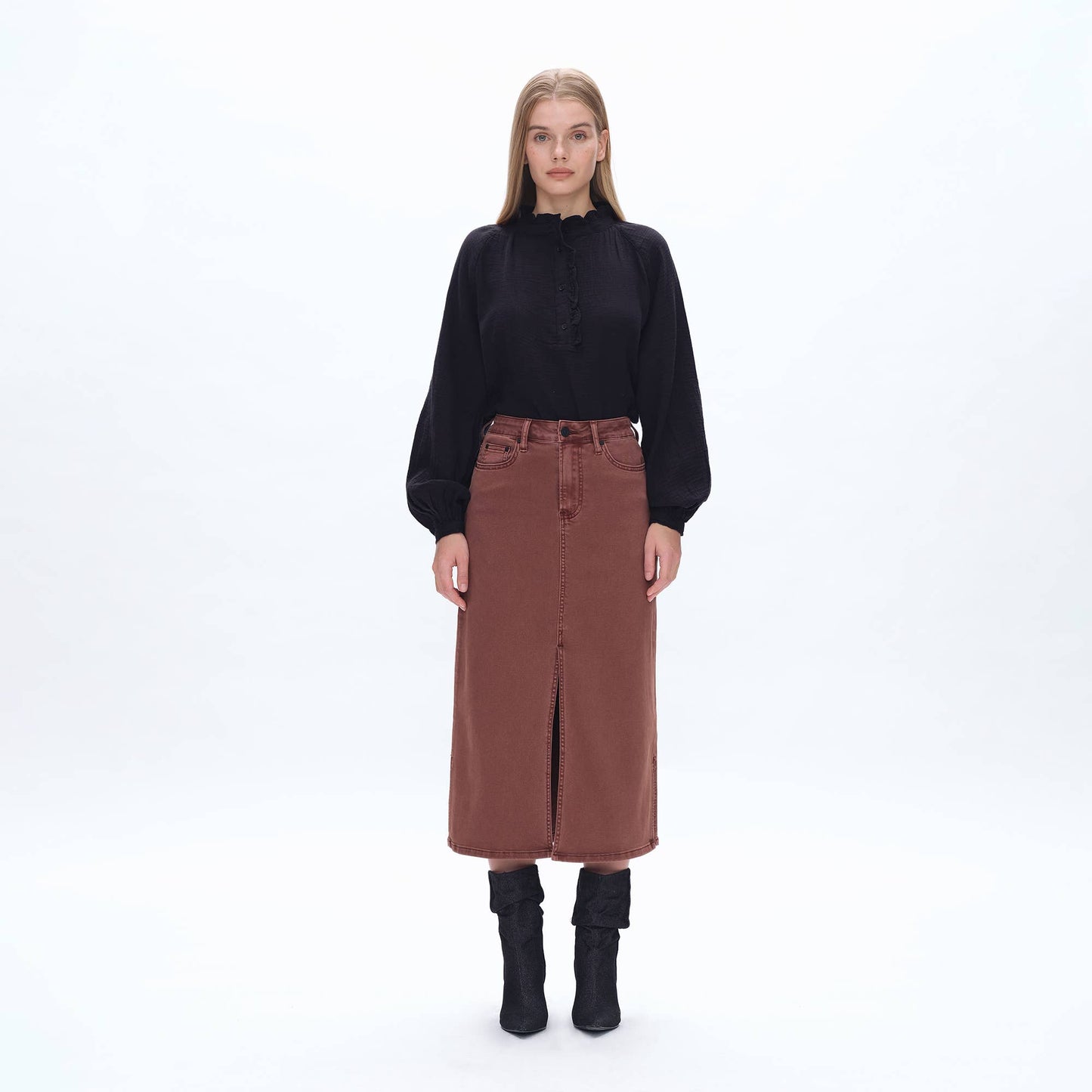 Pencil Jean Midi Skirt