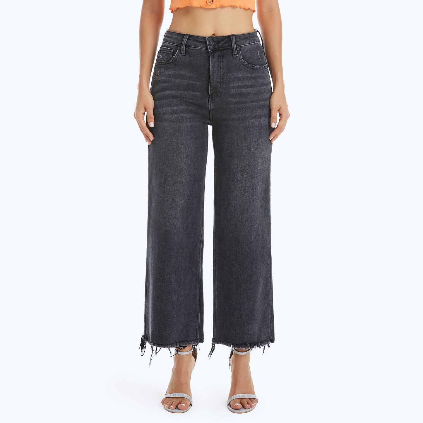 HIGH RISE WIDE LEG JEANS WITH FRAYED HEM: WASHED BLACK
