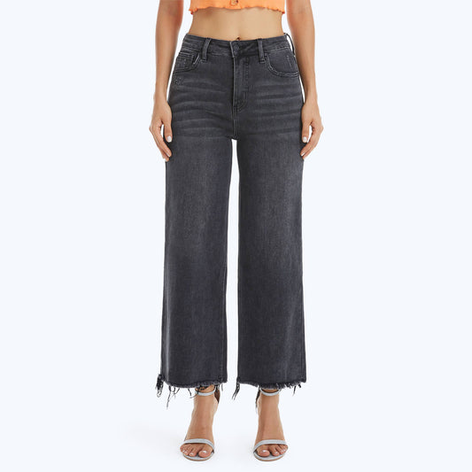 HIGH RISE WIDE LEG JEANS WITH FRAYED HEM: WASHED BLACK