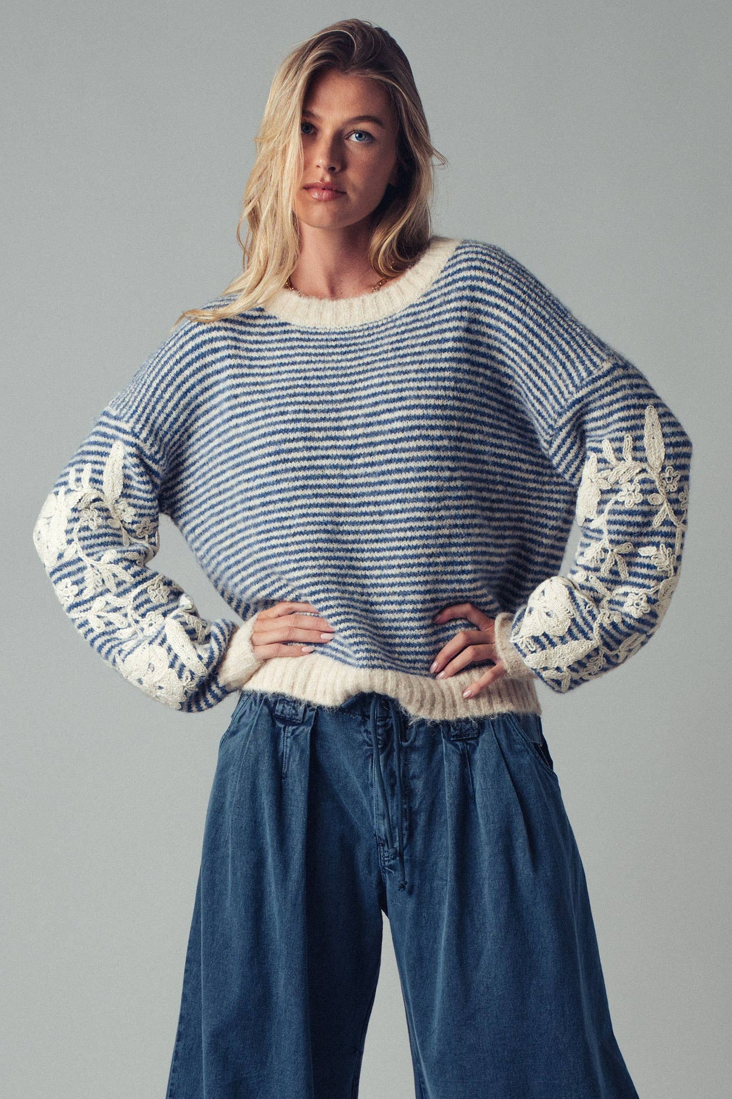 Floral Embroidered Striped Knit Sweater: BLUE
