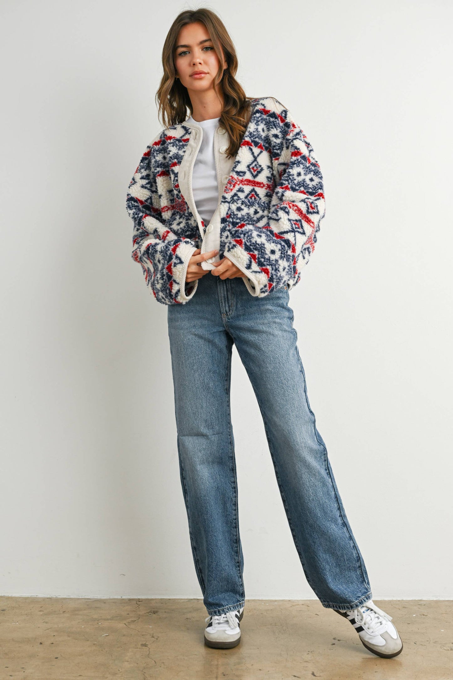Buttoned Graphic Fleece Long Sleeve Jacket: IVORY / NAVY