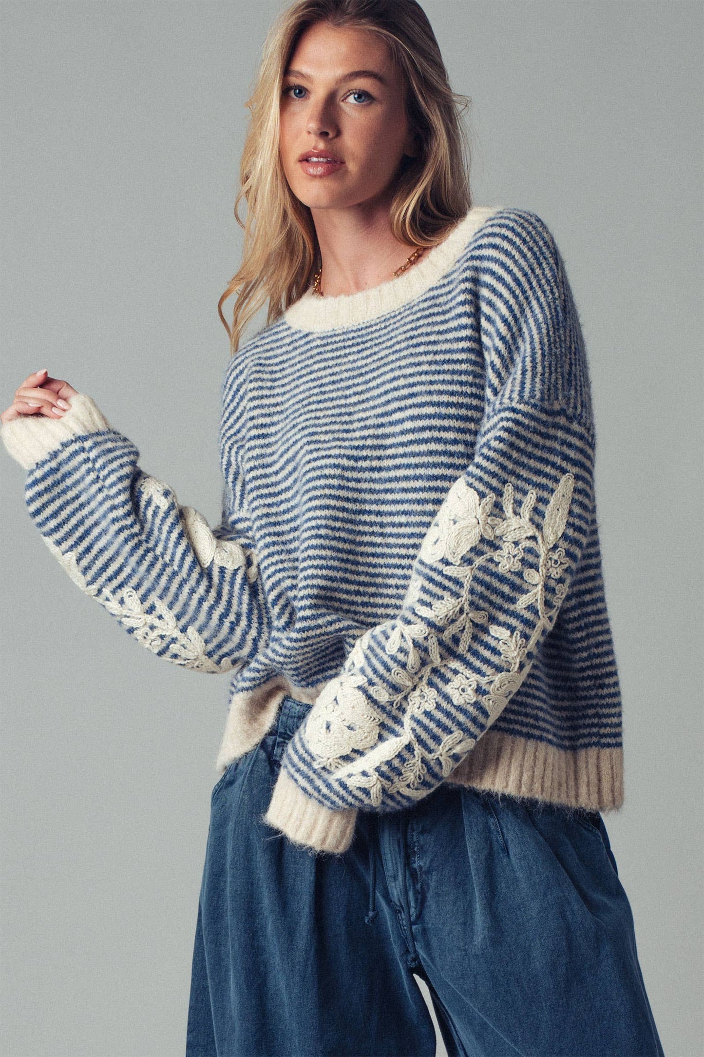 Floral Embroidered Striped Knit Sweater: BLUE