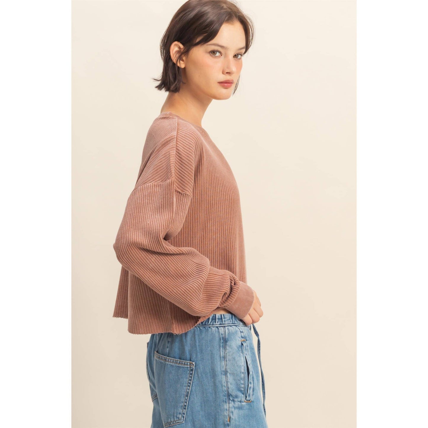 Waffle Long Sleeve Top: CHESTNUT