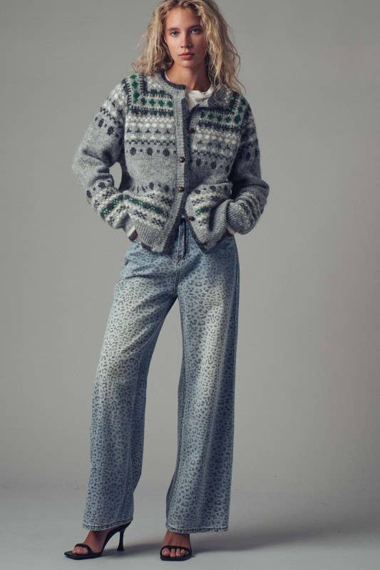 Nordic Pattern Button-Up Knit Cardigan: GREY