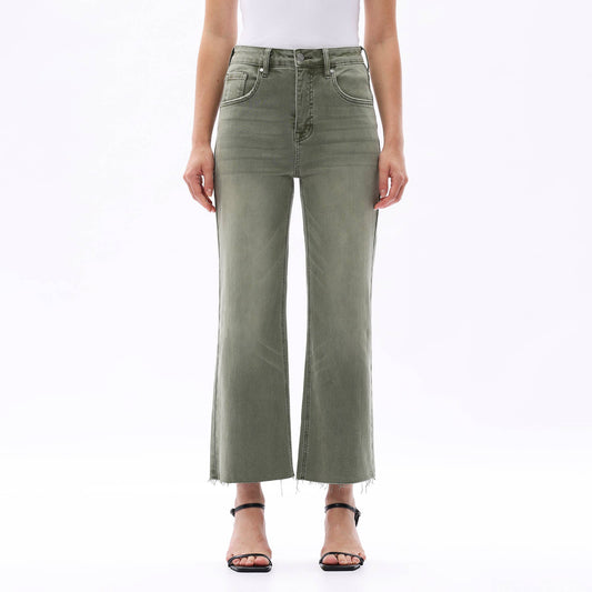 HIGH RISE WIDE LEG PANTS WITH RAW HEM : GREEN
