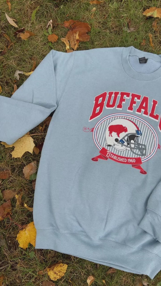 Buffalo old school crewneck, Buffalo stone blue sweatshirt, Buffalo retro inspired crew