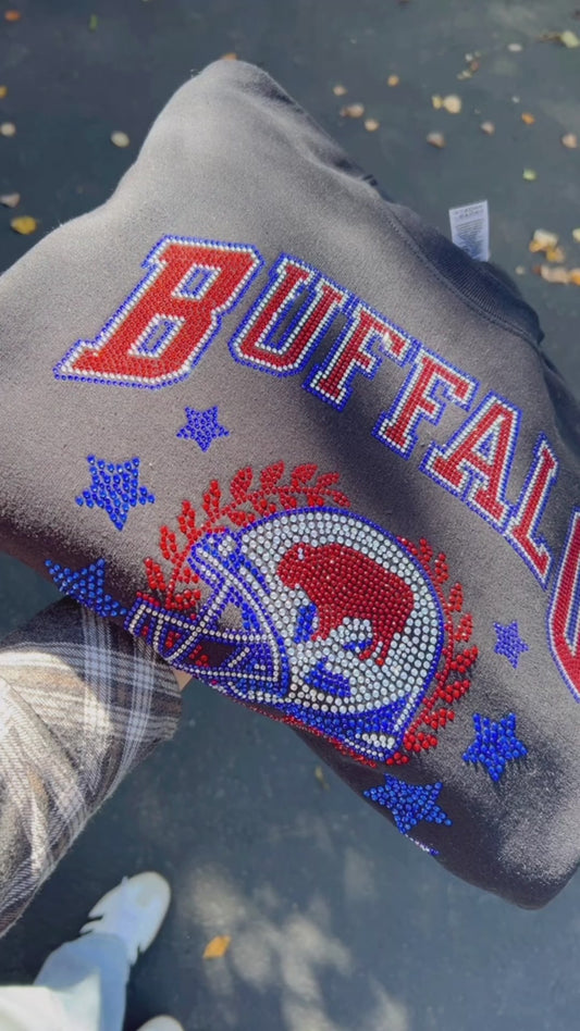 Buffalo football vintage inspired rhinestone crewneck, bling Buffalo crew