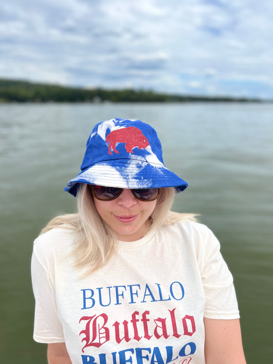 Buffalo blue bleach dye bucket hat, Buffalo bucket hat, Buffalo hat, Buffalo tie-dye bucket hat