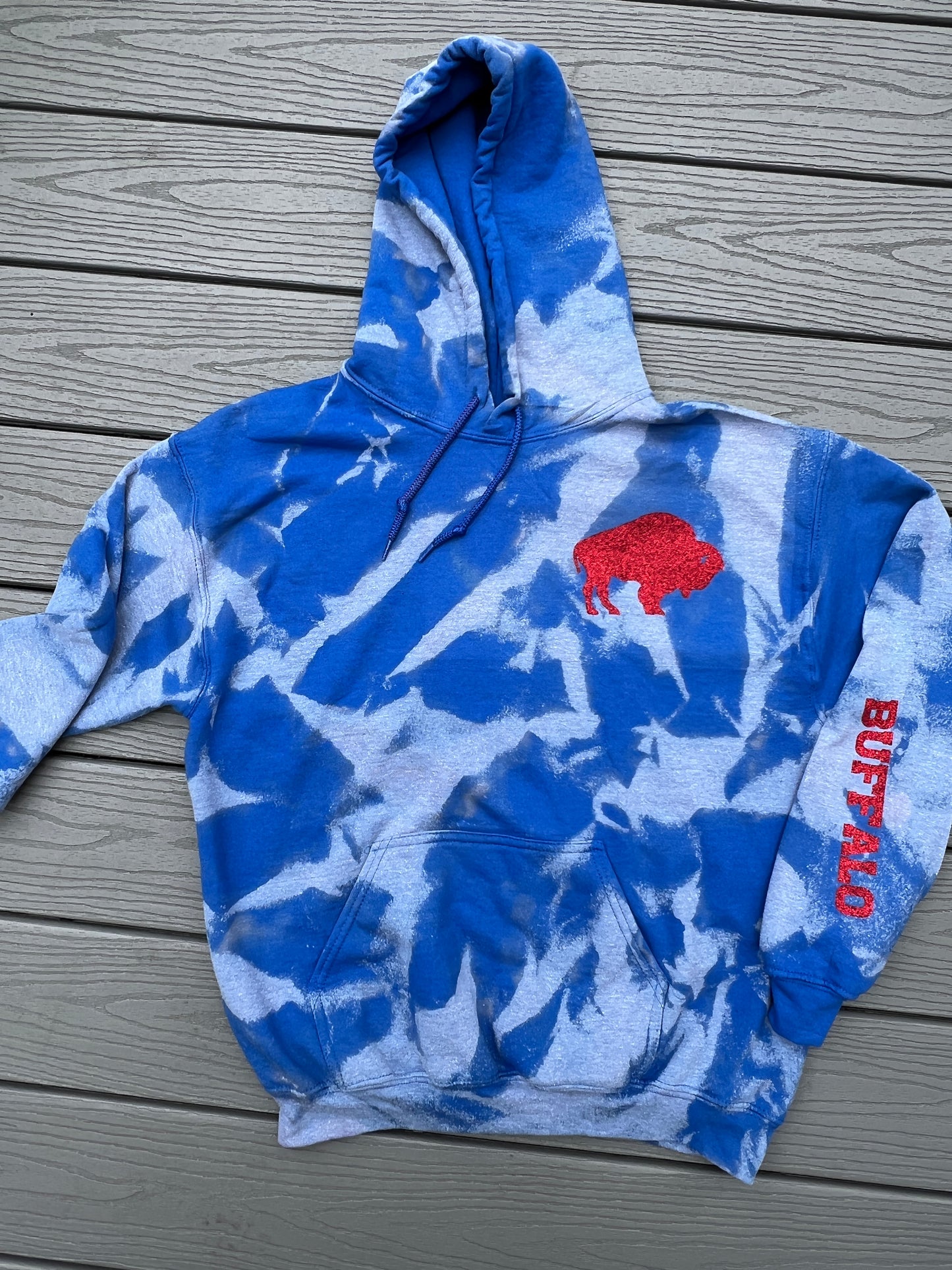 Buffalo bleach dye hoodie, Buffalo sleeve detail hoodie, Buffalo tie-dye hoodie