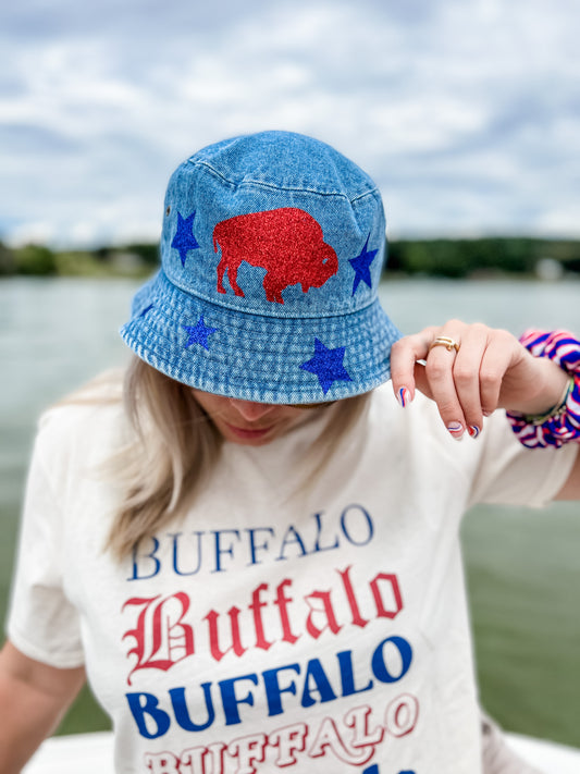 Buffalo denim bucket hat, Buffalo sparkle bucket hat, Buffalo denim star bucket hat, Buffalo sparkle denim bucket hat