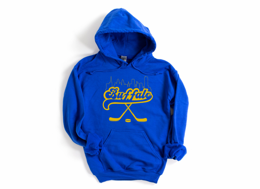 Buffalo hockey blue and gold skyline, Buffalo hockey hoodie and crew